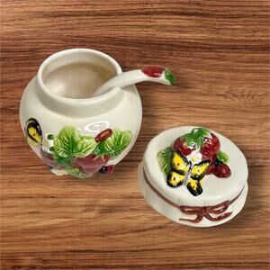 Vintage Ceramic Strawberry Jam Pot Jar + Lid & Spoon Butterfly Cottage Farmhouse